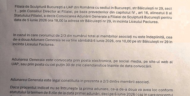CONVOCATOR ADUNARE GENERALA A FILIALEI DE SCULPTURA BUCURESTI A UAP DIN ROMANIA